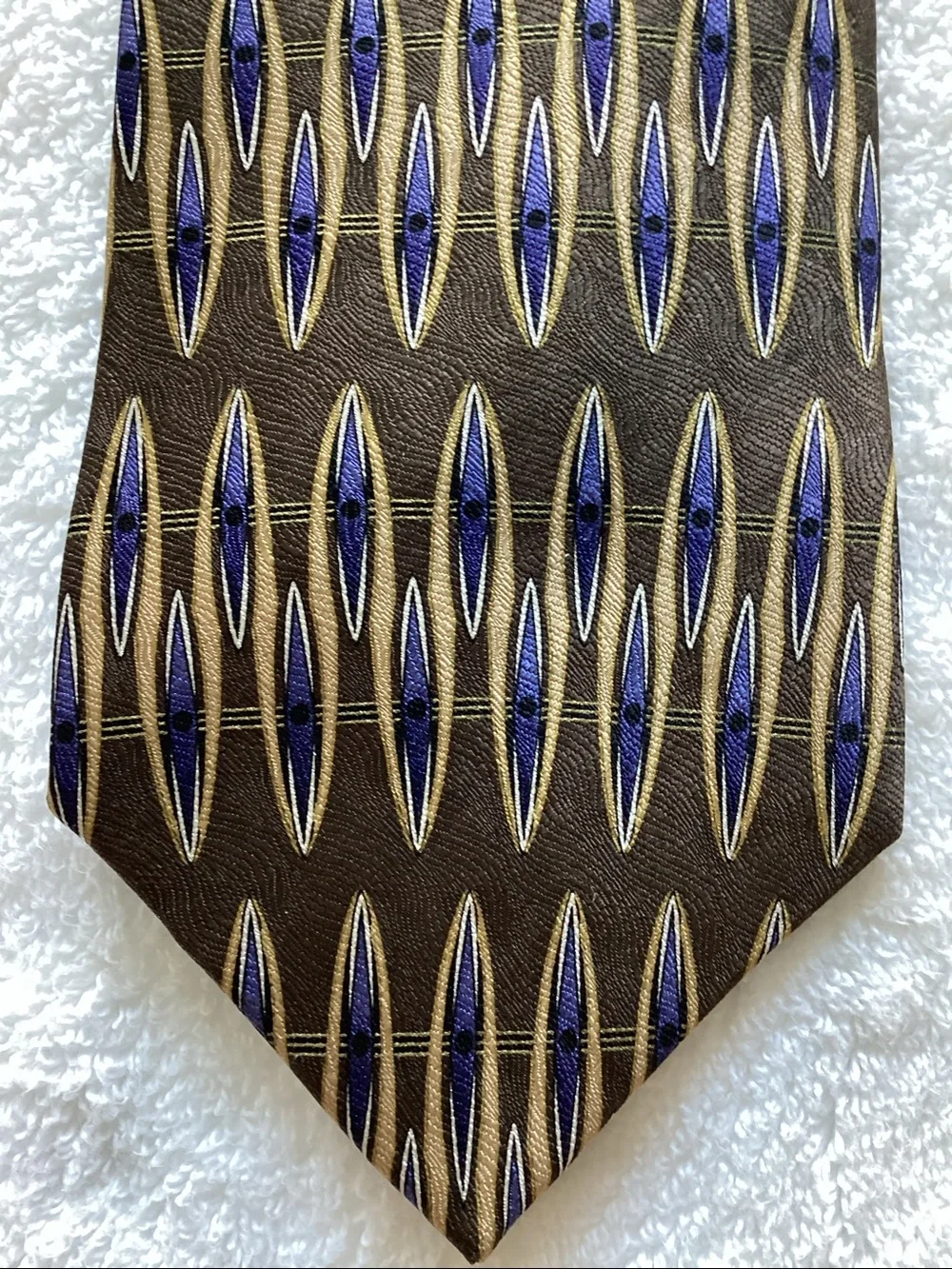 Brown Silk Tie with Blue and Gold Geometric Motif